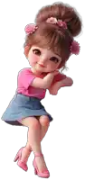 a little girl with flowers in her hair is wearing a pink shirt and a blue skirt