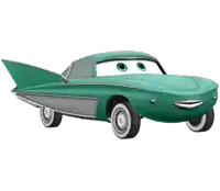 a green car with white tires and a tail fin