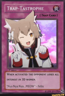 a card that says trap-tastrophe on it with a cat girl on it