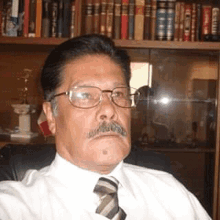 a man wearing glasses and a tie is sitting in front of a bookshelf