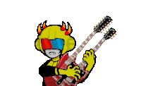 a cartoon character with horns is playing a double neck gibson guitar