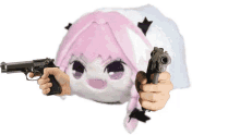 a stuffed animal with pink hair is holding two guns