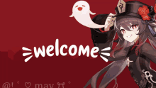 a red background with a cartoon character and the word welcome