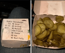 a mcdonald 's receipt for a double cheeseburger and a box of pickles