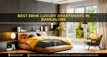 a bedroom with a large bed and a chair with the words best 5bhk luxury apartments in bangalore