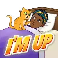 a cartoon of a man laying in bed with a cat on his head and the words i 'm up below him