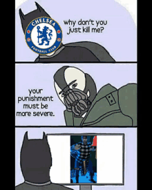 a cartoon of batman talking to bane about chelsea football club