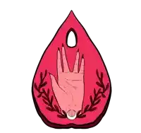 a drawing of a hand with long nails on a red teardrop