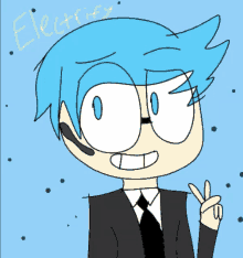 a drawing of a boy with blue hair and the word electrify written above him