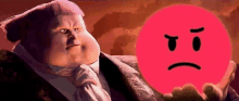 a fat man in a suit and tie is holding a red smiley face with a sad face on it .