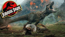 a poster for jurassic park features a t-rex