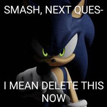 a poster of sonic the hedgehog pointing with the words " smash next ques- i mean delete this now "