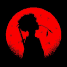 a silhouette of a person holding a sword in front of a red moon .