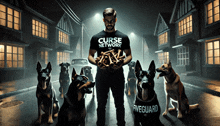 a man in a curse network t-shirt holds a bunch of dogs