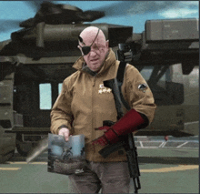 a man in a military uniform holds a gun and a book that says ' military ' on it