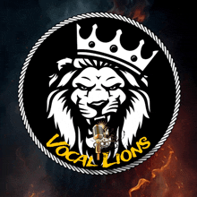 a logo for vocal lions with a lion wearing a crown and a microphone