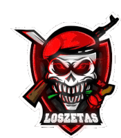 a logo for loszetas with a skull holding a gun and a rose