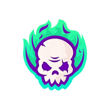 a skull with purple flames surrounding it on a white background