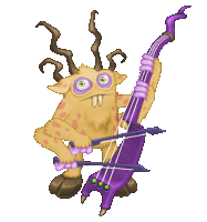 a cartoon monster is holding a purple cello and playing it