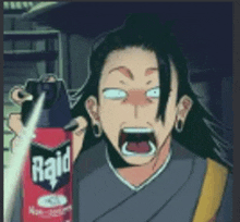 a cartoon character is holding a bottle of raid bug spray .