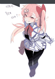 a drawing of a girl with pink hair and a bow