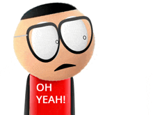 a cartoon character with glasses is wearing a red shirt that says oh yeah