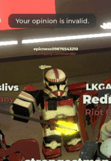 a clone trooper is holding a sword in front of a screen that says your opinion is invalid