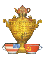 a drawing of a samovar with a red cup with a soviet symbol and the word trump on it