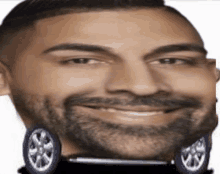 a close up of a man 's face with a car wheel on it