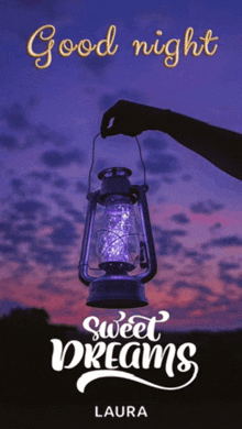 a poster that says good night sweet dreams with a hand holding a lantern