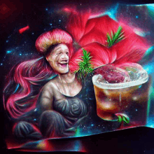 a painting of a woman with long red hair holding a glass of beer