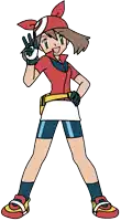 a cartoon drawing of may from pokemon giving the peace sign