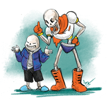 a drawing of two skeletons standing next to each other with one giving the thumbs up