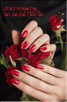 a picture of a woman 's hands with red nails holding red roses with the words just for you my dear friend