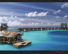 an advertisement for villas and suites shows a thatched hut in the middle of a large body of water