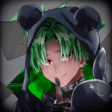 a boy with green hair is wearing a black bear hat and holding a knife