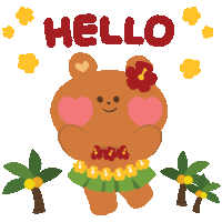 an illustration of a teddy bear wearing a hula skirt with the word hello above it