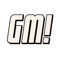 a white logo with the word gm written in black on a white background .