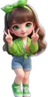 a doll wearing a green jacket and shorts gives a peace sign