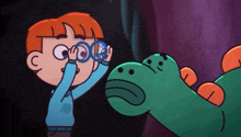 a cartoon character looking through binoculars next to a dinosaur