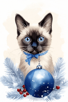 a siamese cat is holding a blue christmas ornament