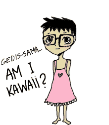 a drawing of a girl with glasses and a pink dress asking " am i kawaii ? "