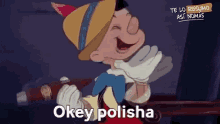 a cartoon character is holding a gun and says okey polisha in spanish .