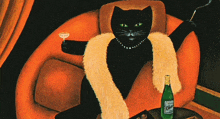 a painting of a black cat sitting in an orange chair holding a glass and a cigarette