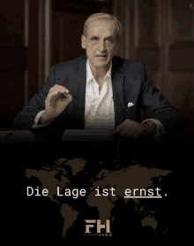 a man in a suit sits at a table with the words die lage ist ernst