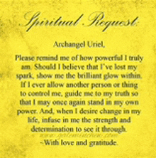 a spiritual request by archangel uriel is on a yellow background