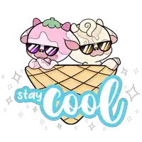 two cows wearing sunglasses in an ice cream cone with the words " stay cool " below them