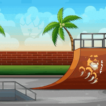 a cartoon illustration of a skateboard ramp with a tiger on the side