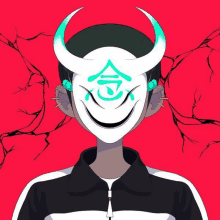 a drawing of a person wearing a mask with horns and chinese writing on it