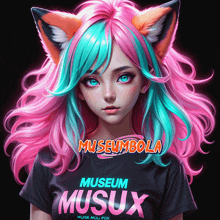 a girl with pink and blue hair is wearing a black museum musux shirt